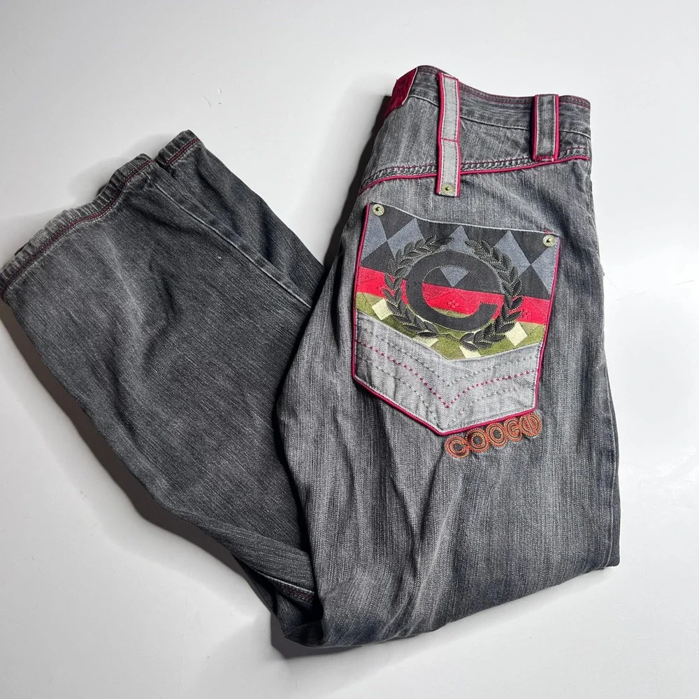Coogi Jeans‎ Mens 36x34 Black Faded Denim Embroidered Patchwork Straight Leg Y2K